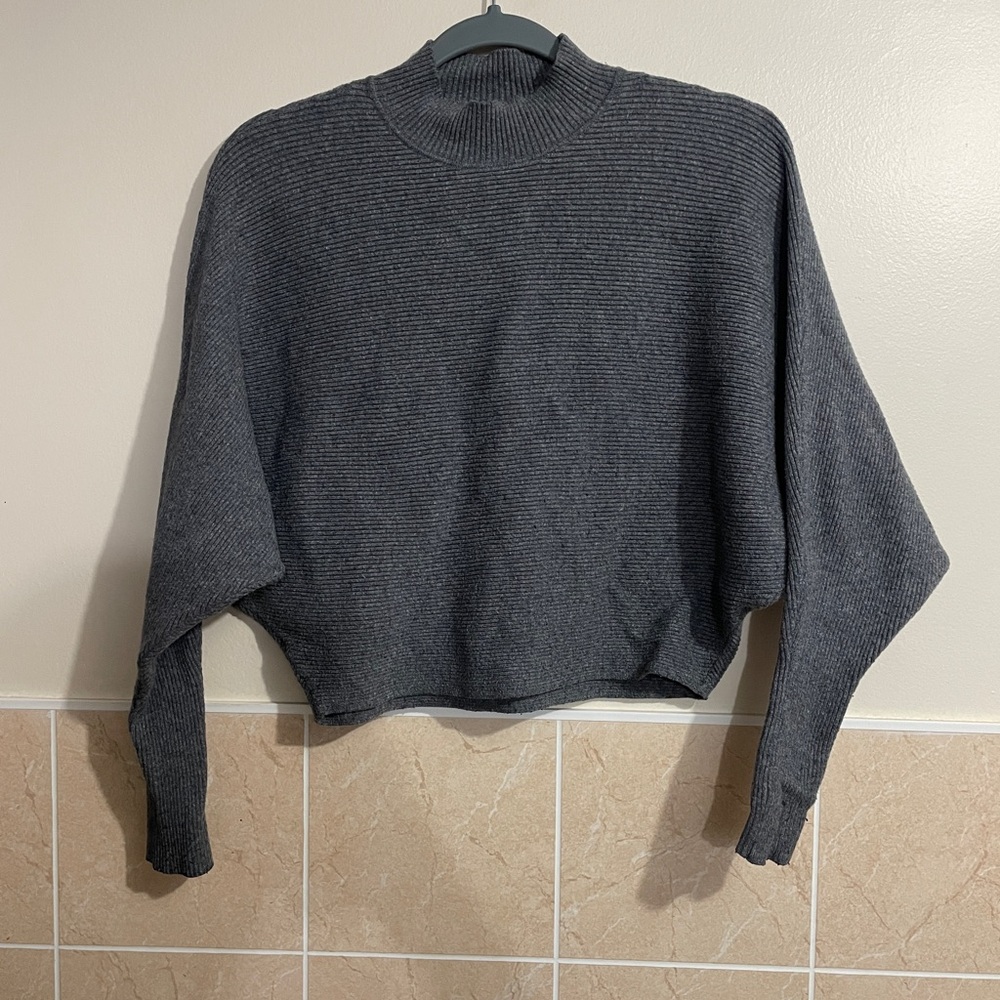 Zara Knit Gray Cropped Drop Shoulder Turtleneck Sweater